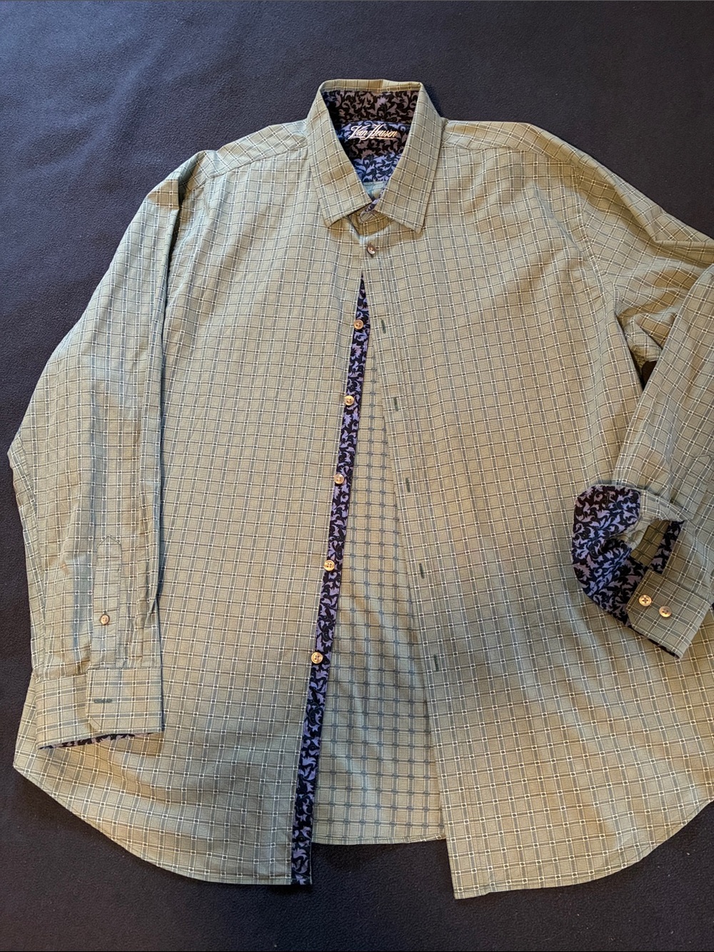 Van Heusen Olive Green Checked Dress Shirt with Navy Trim